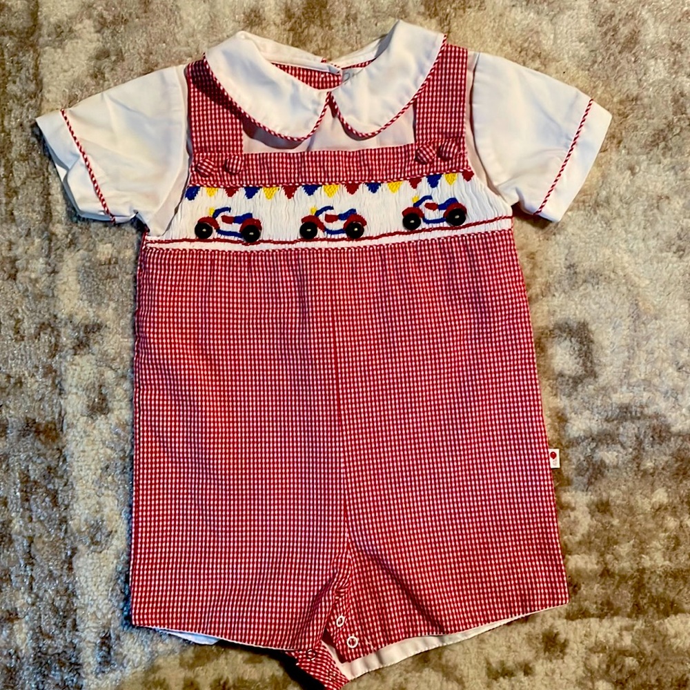 Petit Ami Baby Boy Shortall Red & White Checkered Motorcycles LIKE NEW